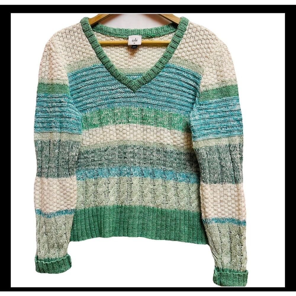 Cabi New knit Mix Stitch V Neck Green blue white women’s size Medium